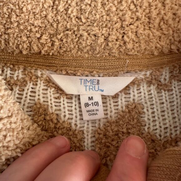 Time & Tru Women Sherpa Quarter Zip Sweater M Snowflake Nordic Tan Teddy Fleece - Picture 3 of 5